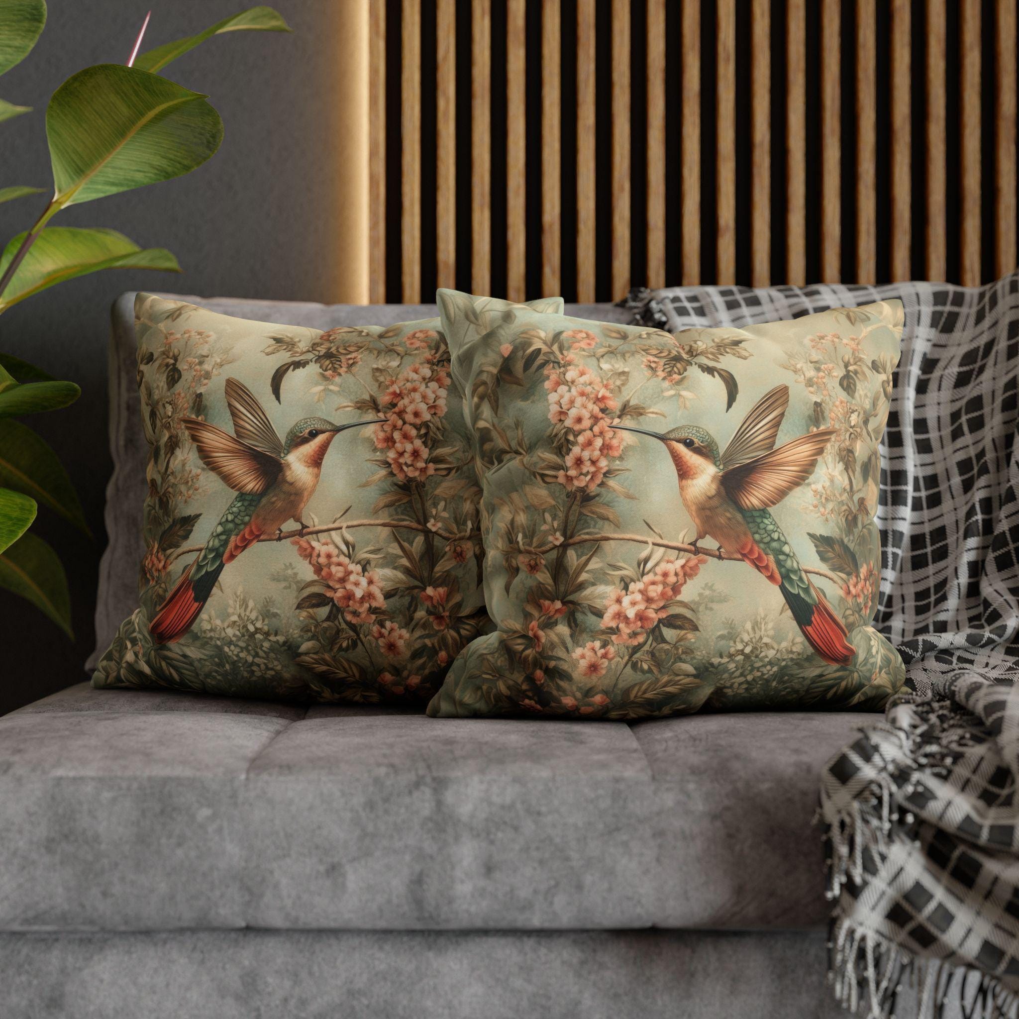 William Morris Botanical Pillow Cover: Sage Blush Teal Hummingbird Arts & Crafts Accent