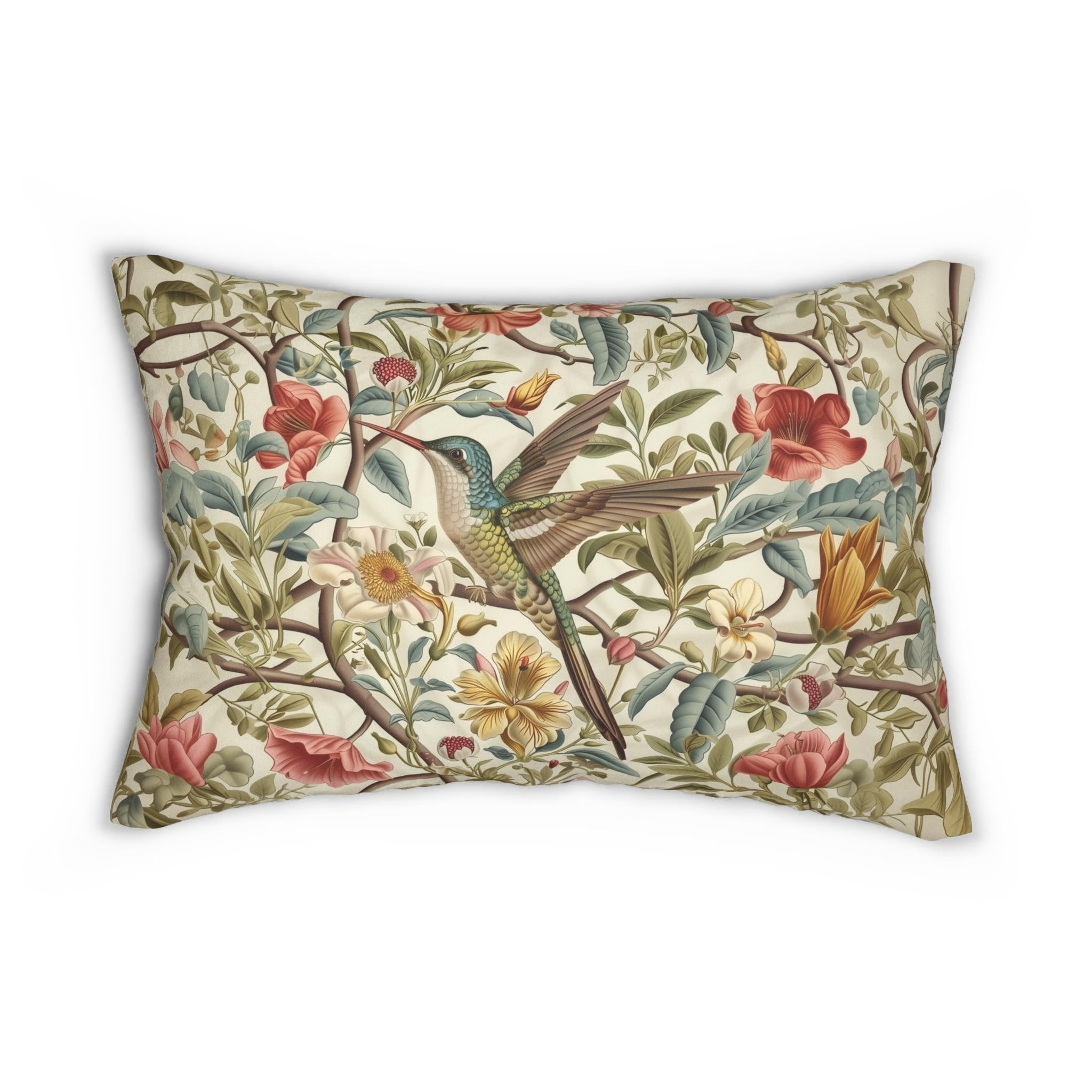 William Morris Hummingbird Floral Lumbar Pillow:  Botanical Cushion, Vintage Style Home Decor Accent