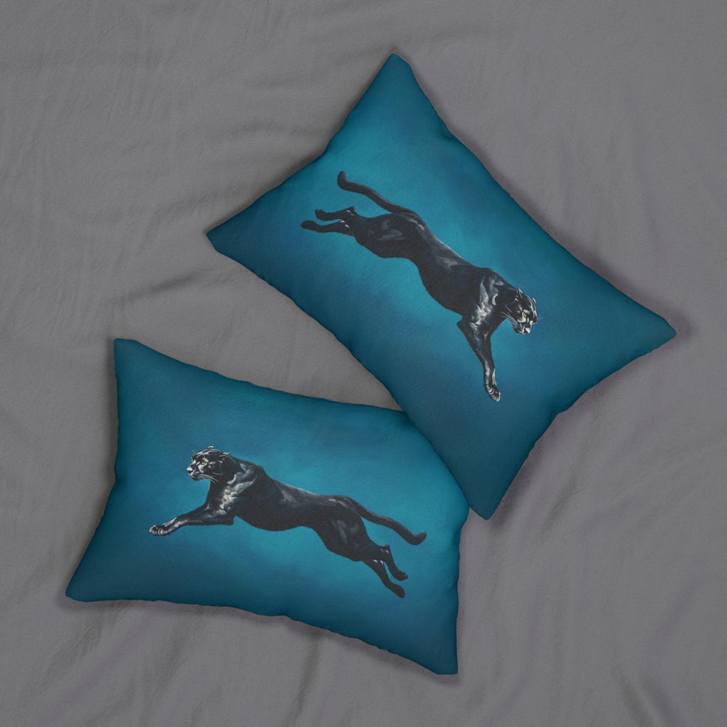 Midnight Pounce Lumbar Pillow: Black Puma on Sapphire-Blue Jewel Tone