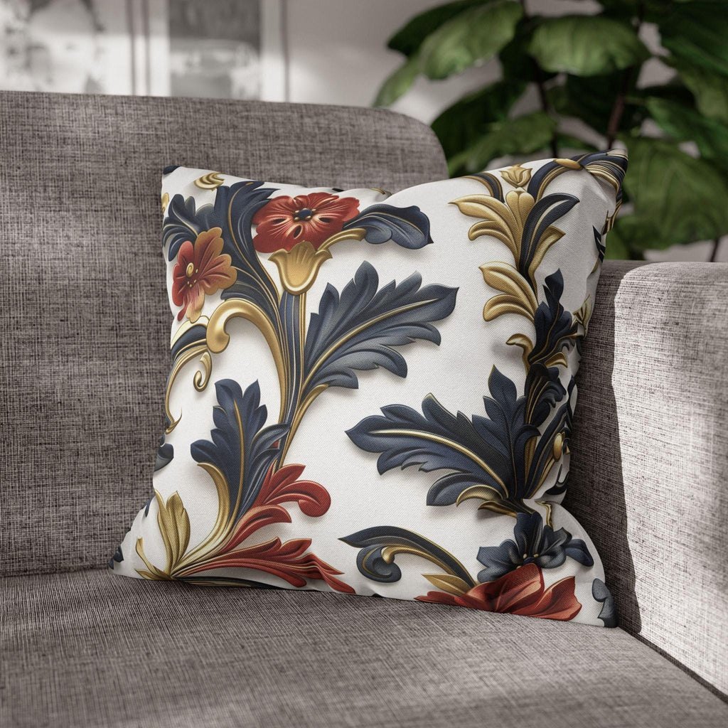 Luxurious Baroque-Inspired Floral Pillow Cover: Navy, Gold, Red on White Background