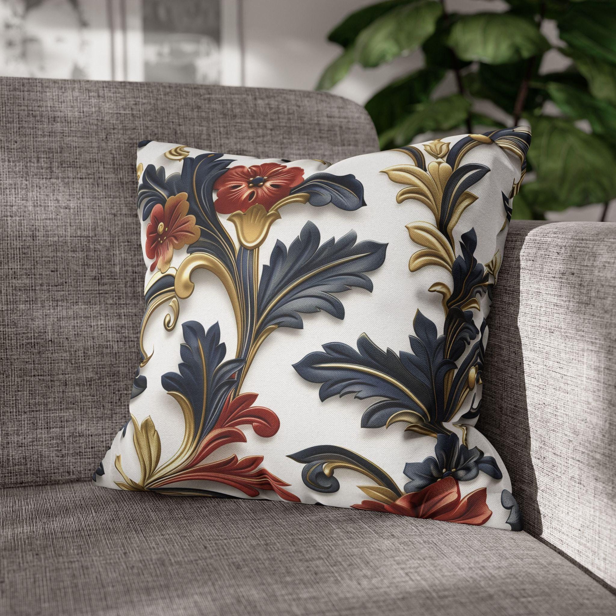 Luxurious Baroque-Inspired Floral Pillow Cover: Navy, Gold, Red on White Background