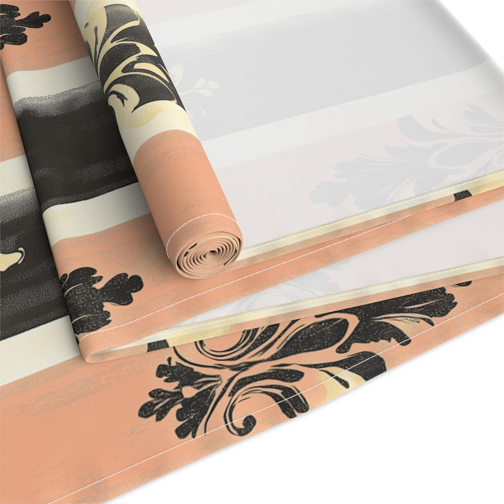 Elegant Patriotic Farmhouse Table Runner: Red, White & Navy Stripes with Gold Damask Floral Motifs