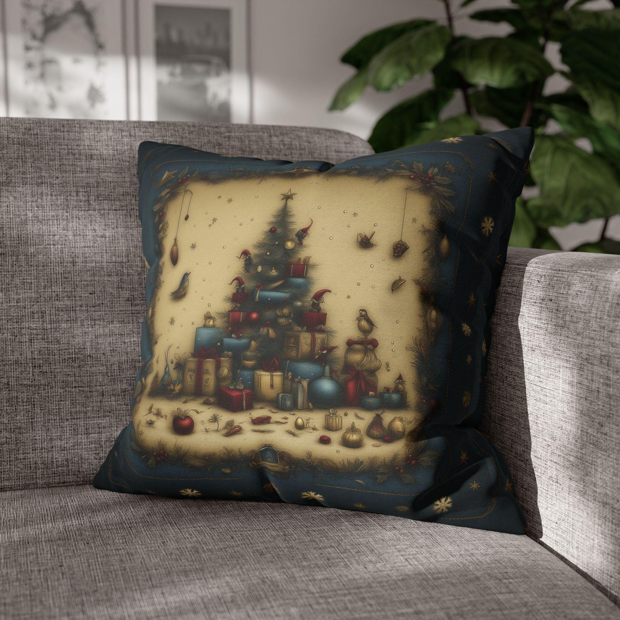 Vintage Style Christmas Tree & Presents Pillow Cover:  Heirloom Nostalgic Winter Holiday Decor