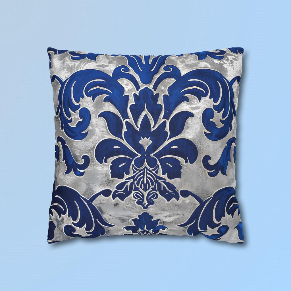 Baroque Royal Blue Floral Pillow Cover: Elegant Silver Accent