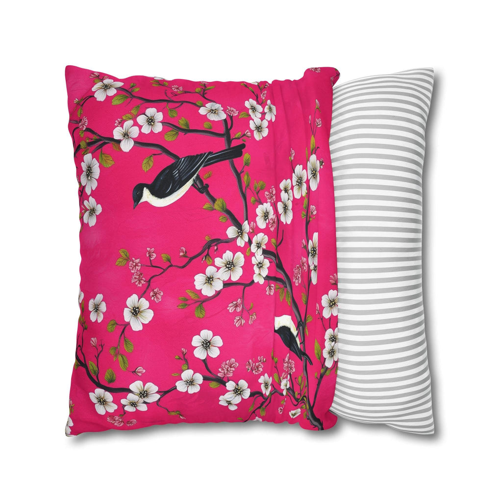 Chinoiserie Magenta Bird Pillow Cover: Vibrant Botanical Accent for Eclectic Decor