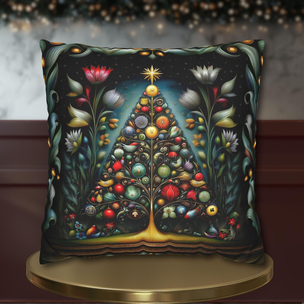 Jewel Tone Christmas Pillow Cover: Decorated Botanical Tree with Bright Ornaments and Florals