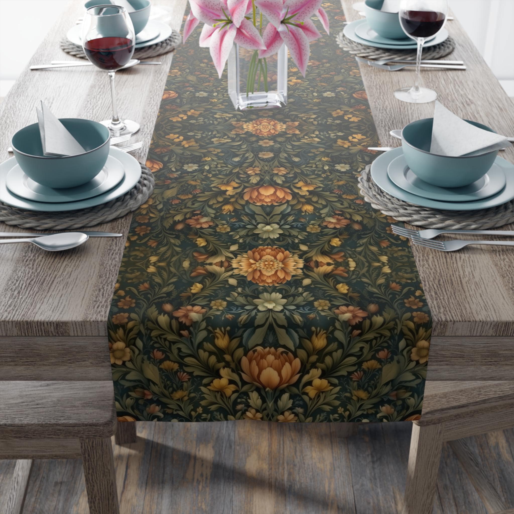 William Morris Botanical Table Runner: Golden Ochre Floral Tapestry