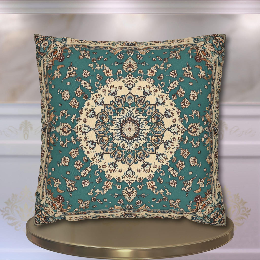Teal and Ivory Persian-Inspired Pillow Cover: Vintage Carpet Look with Ornate Medallion Design