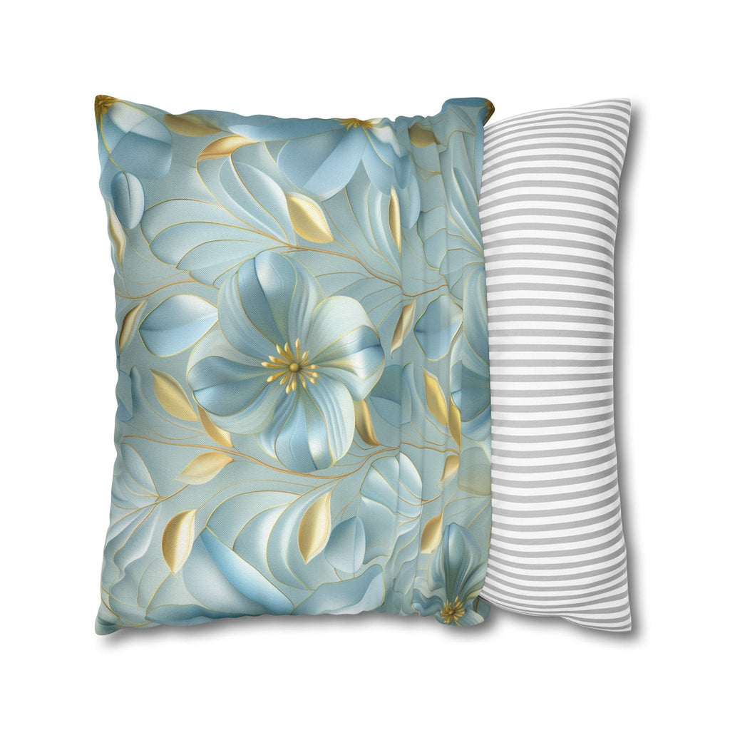 Blue Magnolia Throw Pillow Cover: Gold Leaf Floral Cushion