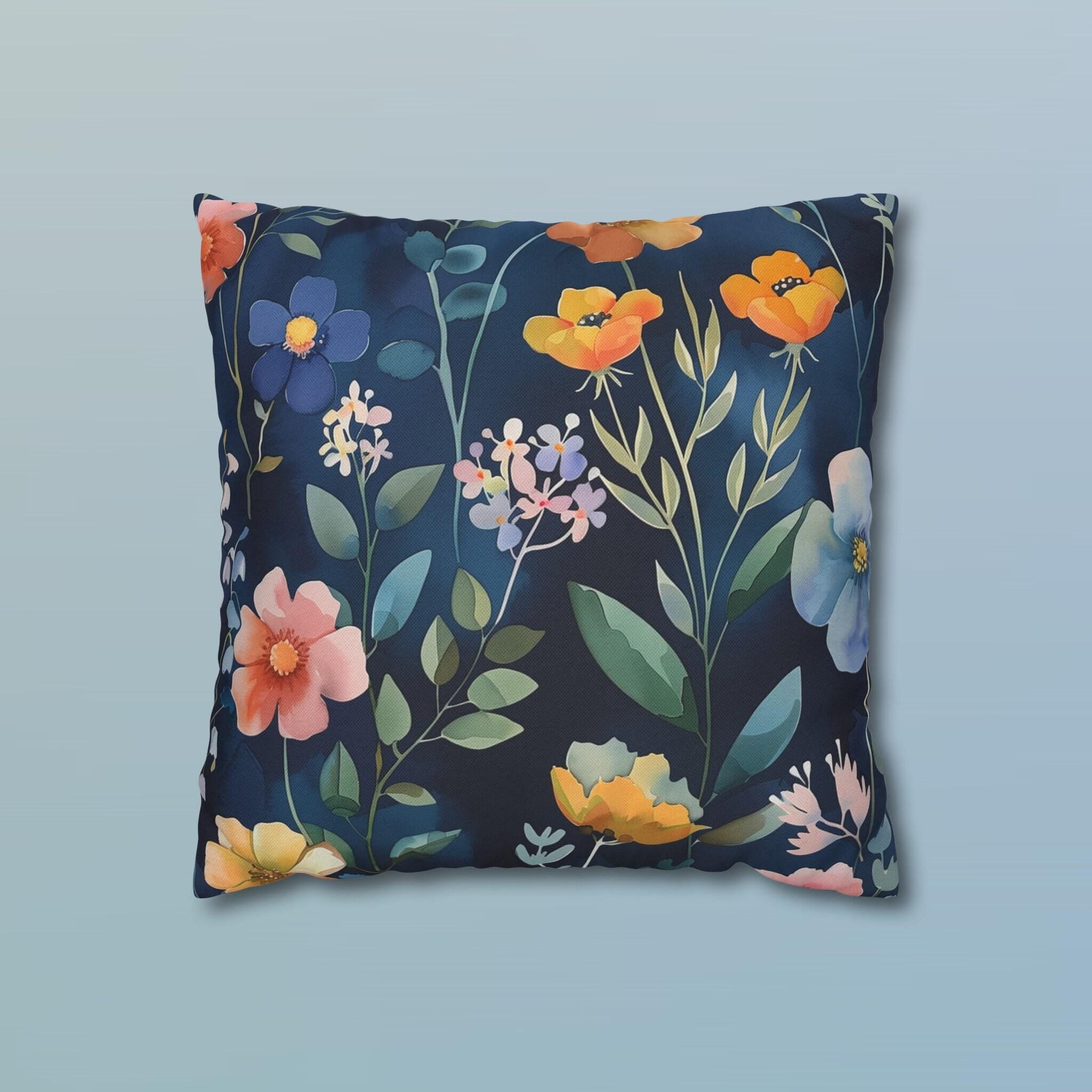 Botanical Pillow Cover: Navy Floral Cushion, Cottagecore Decor