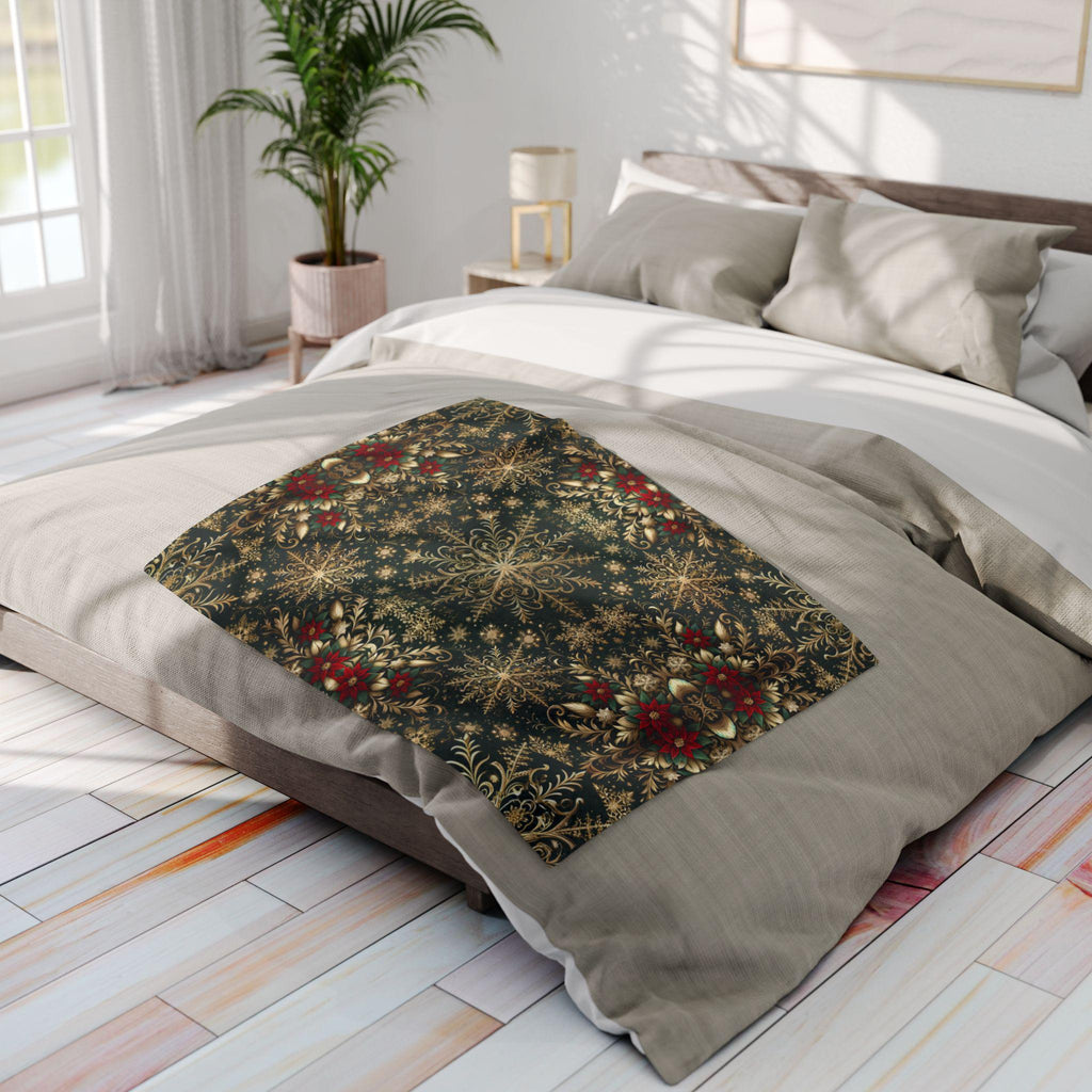 Elegant Golden Snowflake Poinsettia Fleece Blanket: Christmas Decor & Cozy Winter Gift