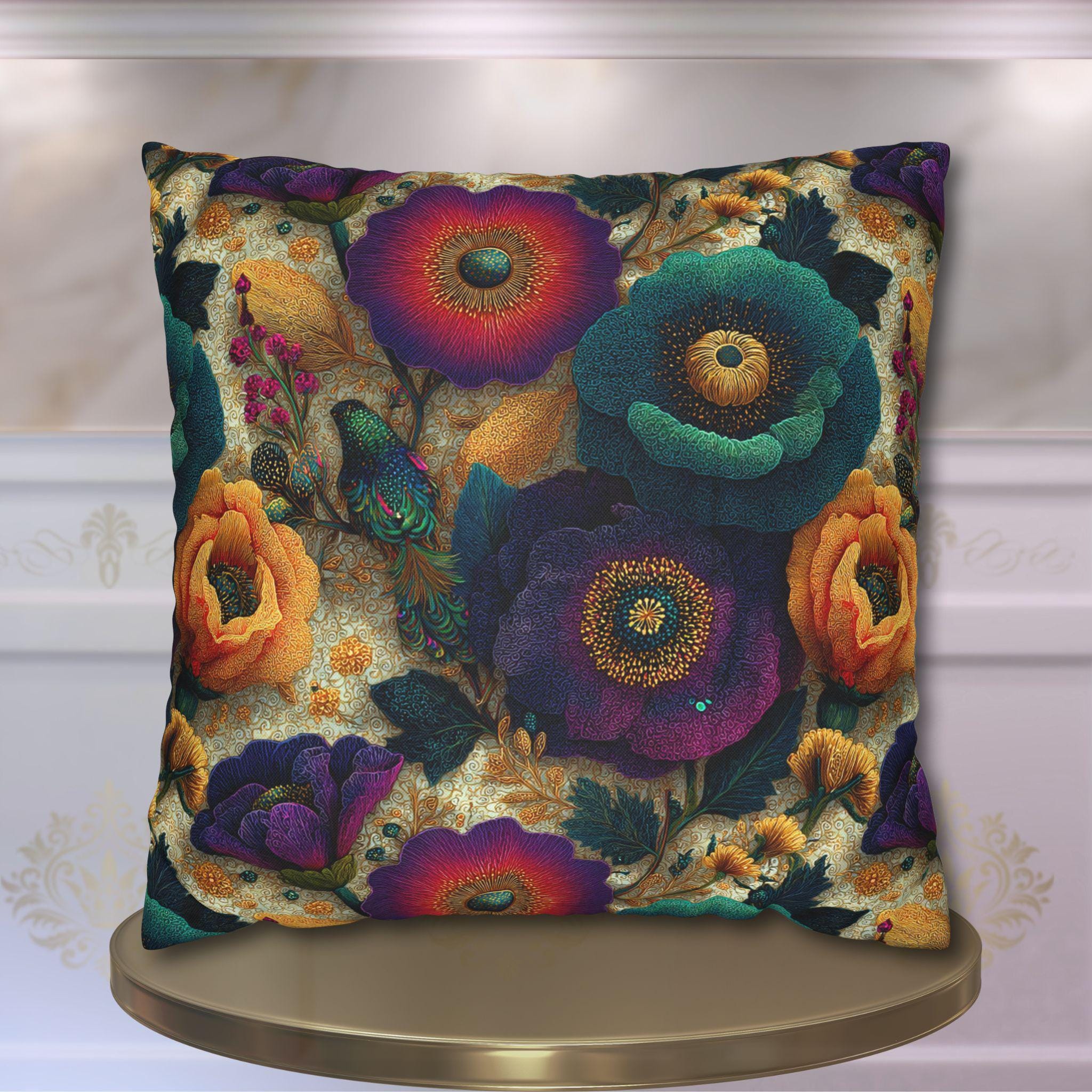 Colorful Art Nouveau Pillow Cover: Jewel Tone Floral Decor Inspired by Gustav Klimt