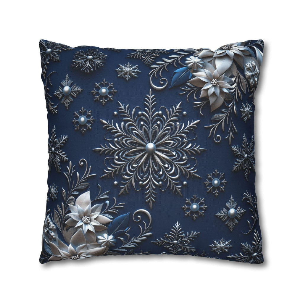Winter Blue Silver Poinsettia Snowflake Pillowcase, Holiday Decor Square Throw Pillow Cover