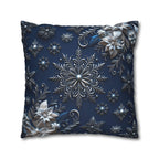 Winter Blue Silver Poinsettia Snowflake Pillowcase, Holiday Decor Square Throw Pillow Cover