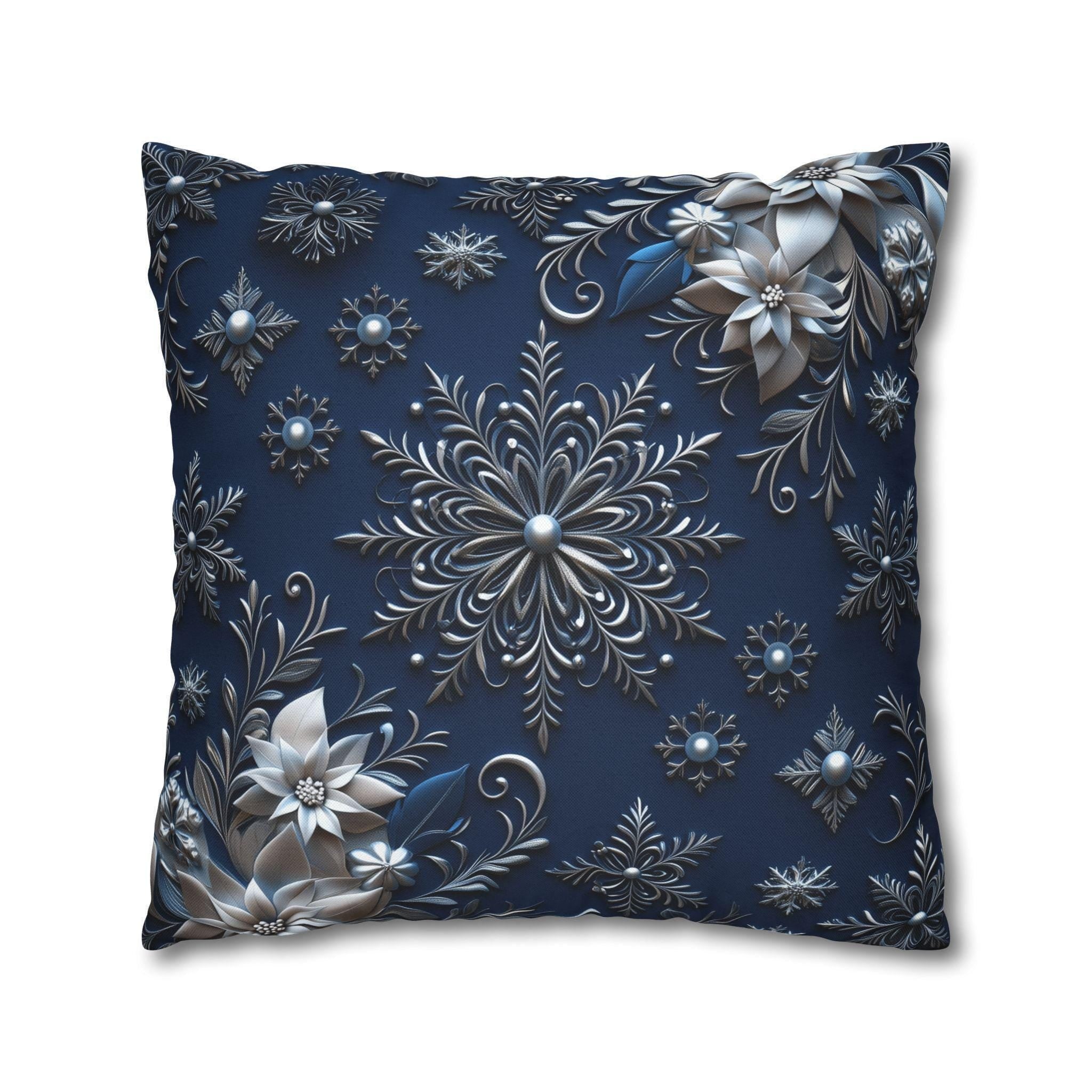 Winter Blue Silver Poinsettia Snowflake Pillowcase, Holiday Decor Square Throw Pillow Cover