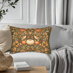 Pumpkin Thief Fall Lumbar Pillow: William Morris Inspired Songbirds, Pumpkins, Autumn Flowers (20"x14")