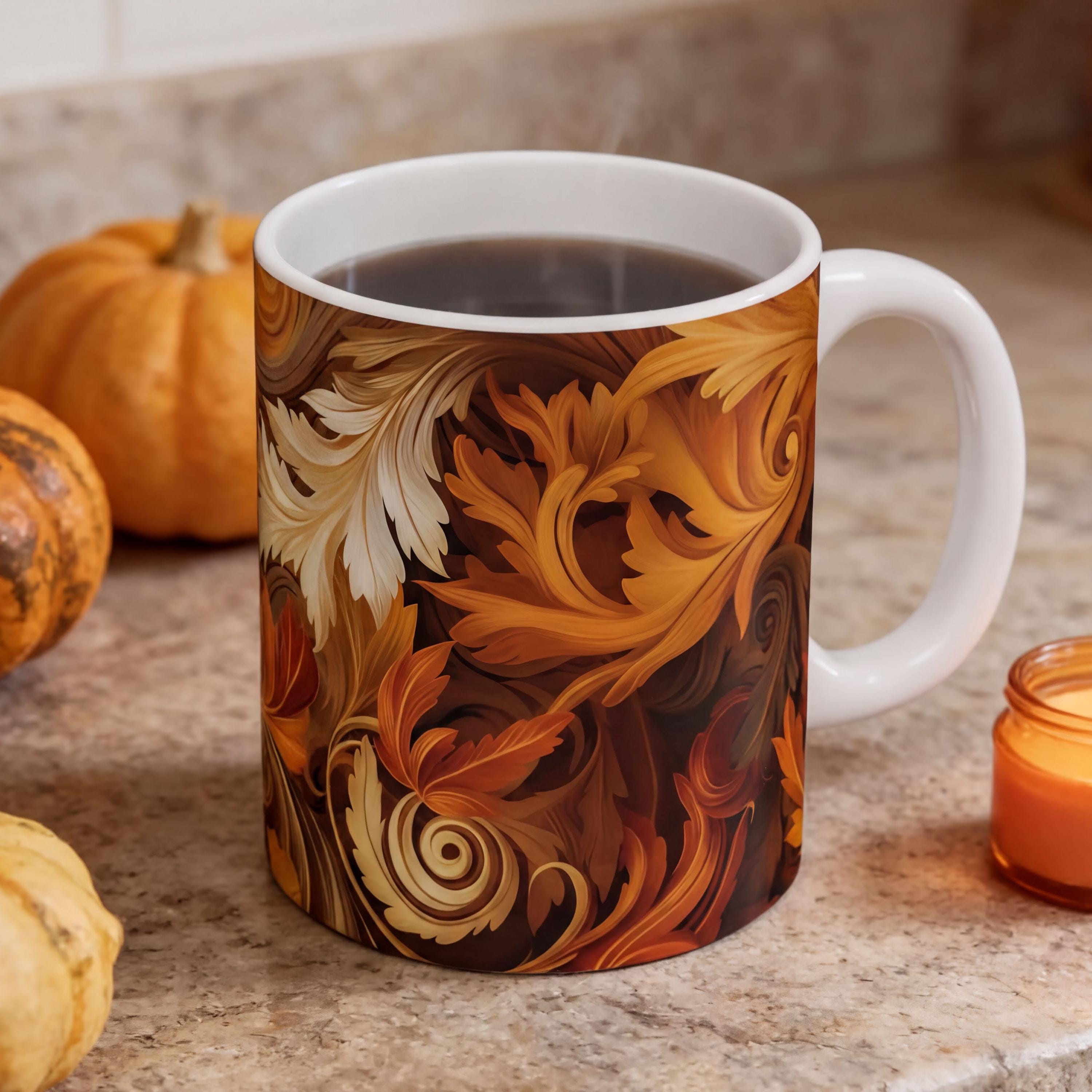 Autumn Leaves Swirling Ceramic Mug, Fall Decor Coffee Cup