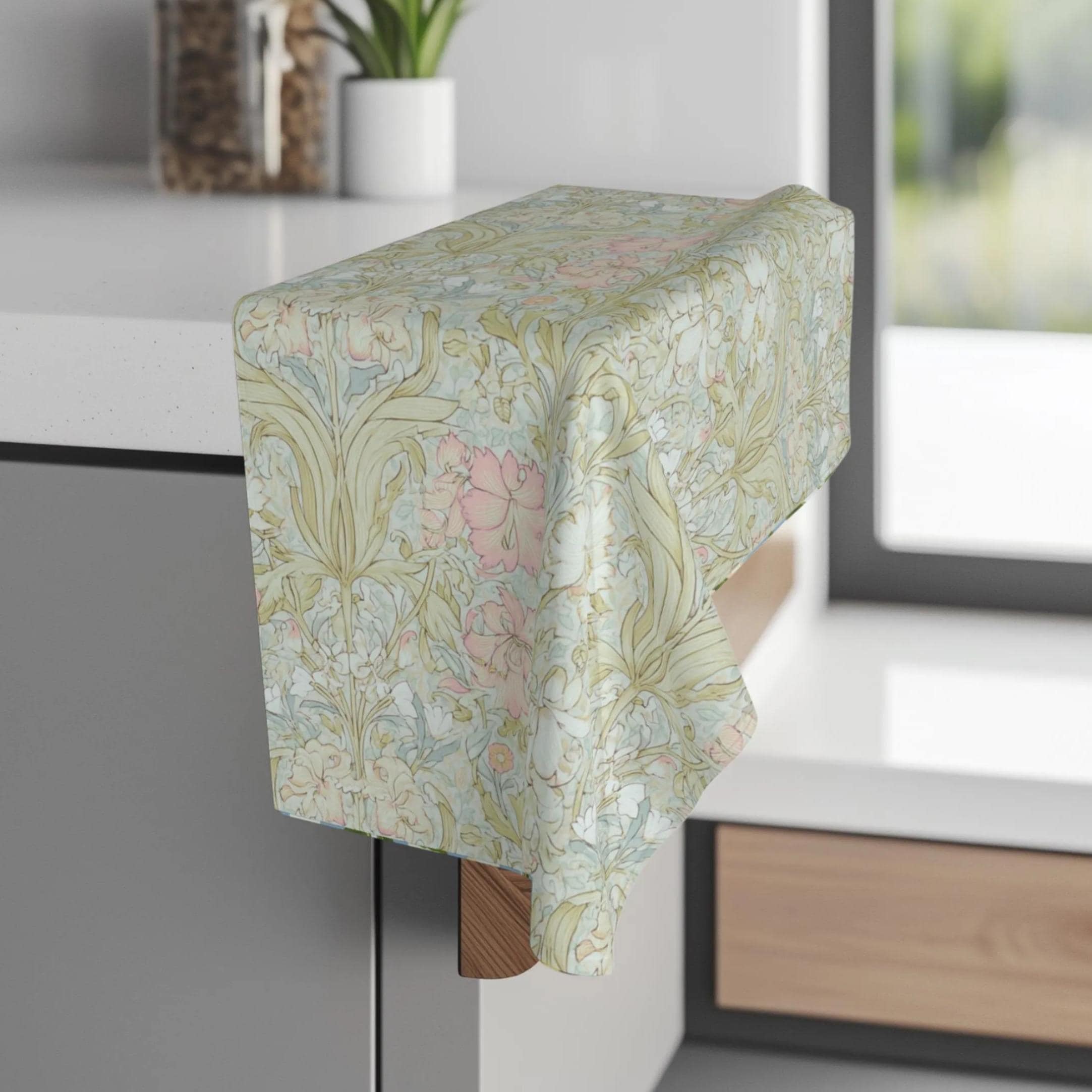 William Morris Style Hand Towel: Soft Sage and Blush Botanical Ivory Cottage Decor