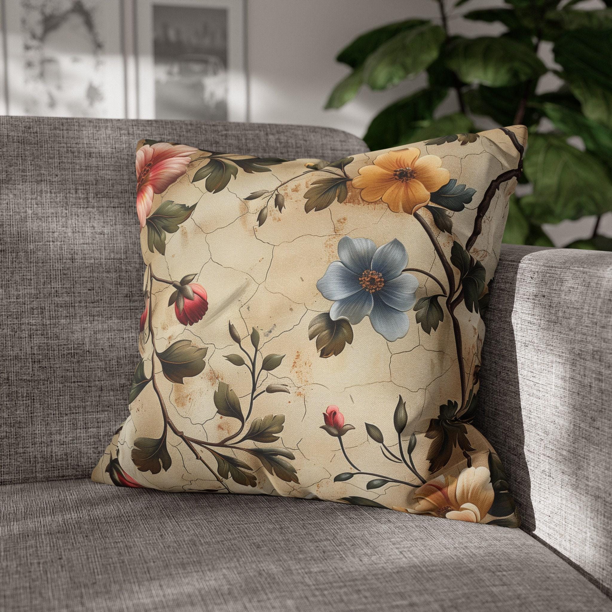 Rustic Italian Floral Pillow Cover: Vintage Watercolor-Inspired Cushion with Soft Blue, Orange & Red Blooms