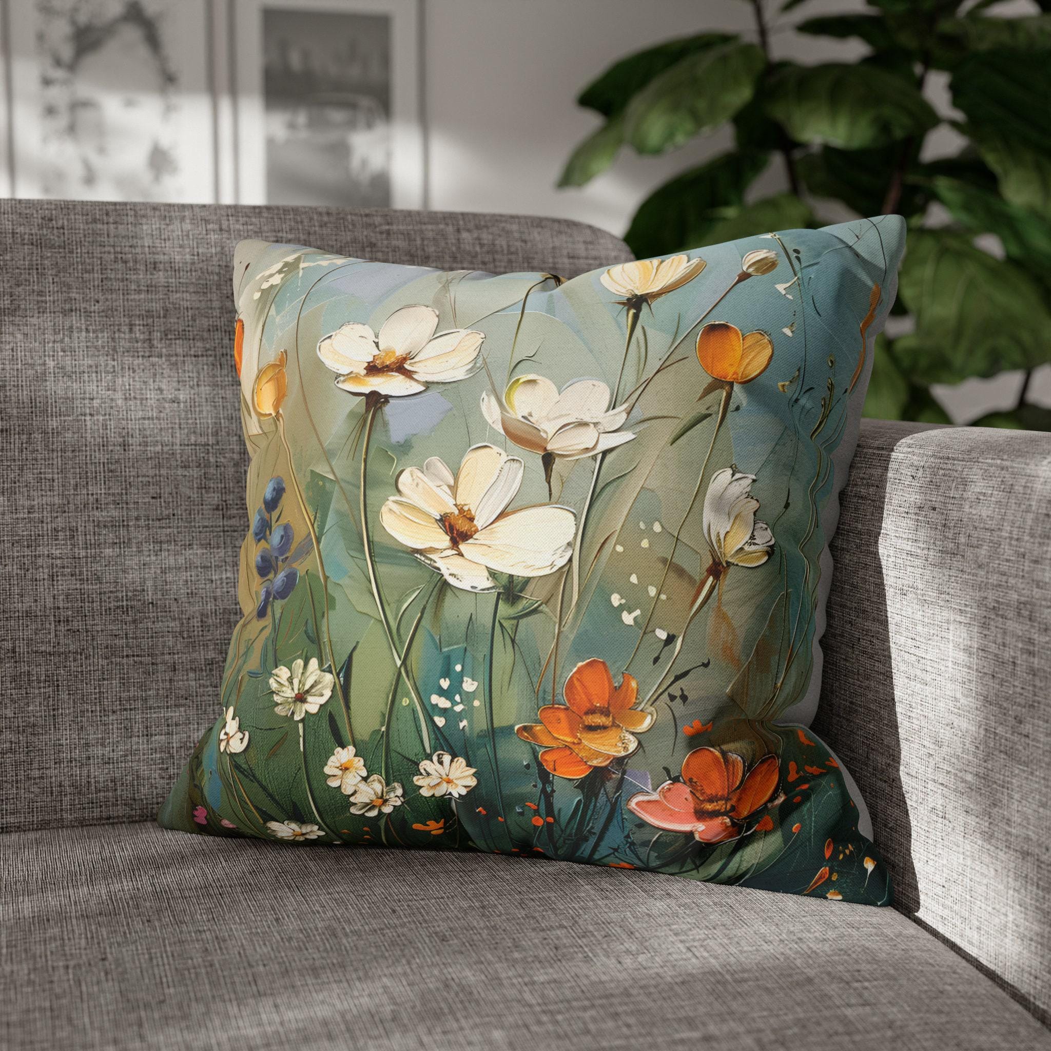 Wildflower Meadow Pillow Cover: Vintage Oil Painting Style