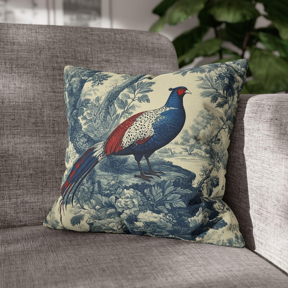 French Country Blue Pheasant Pillow Cover: Vintage Toile Bird and Botanical Design