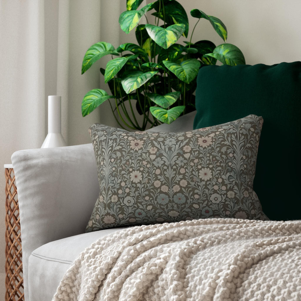 William Morris Inspired Botanical Lumbar Pillow: Soft Gray-Sage, Taupe, Blush Accent