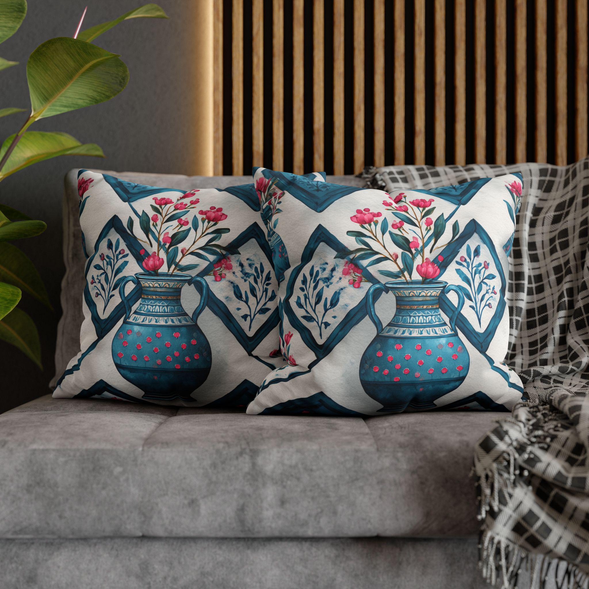 Watercolor Floral Vase Pillow Cover: Boho Home Decor, Teal, Pink