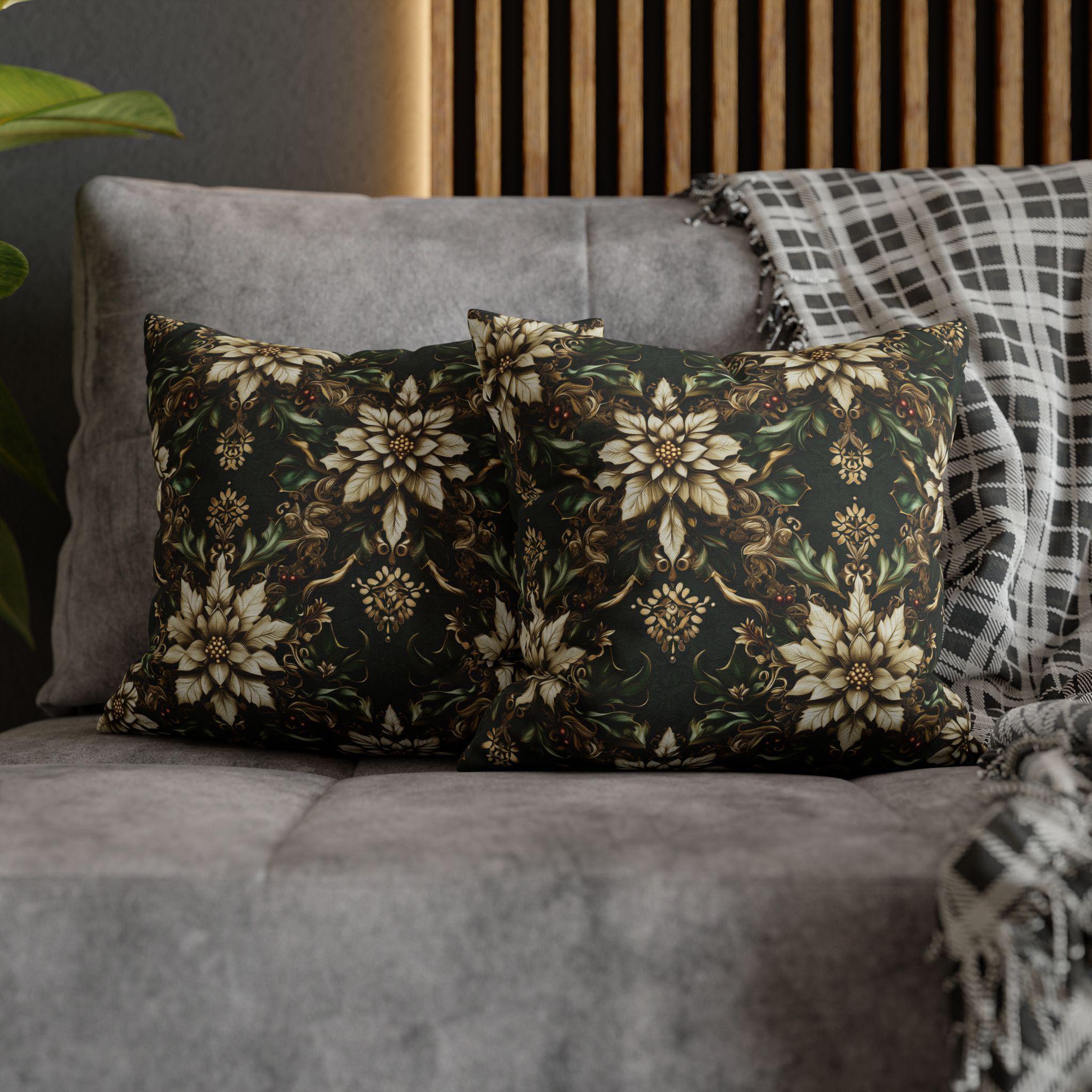 Holiday Poinsettia Pillow cover - Festive Christmas Decor Red Green Gold & Creamy Beige