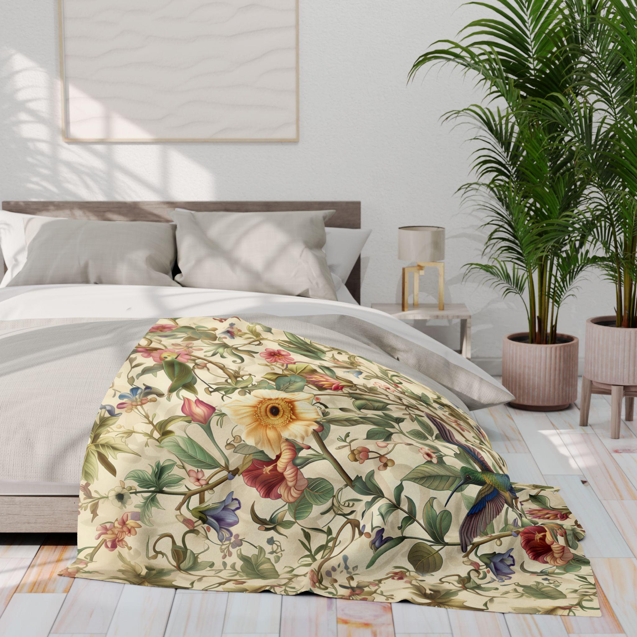 William Morris Inspired Hummingbird Fleece Throw Blanket with Elegant Floral Design