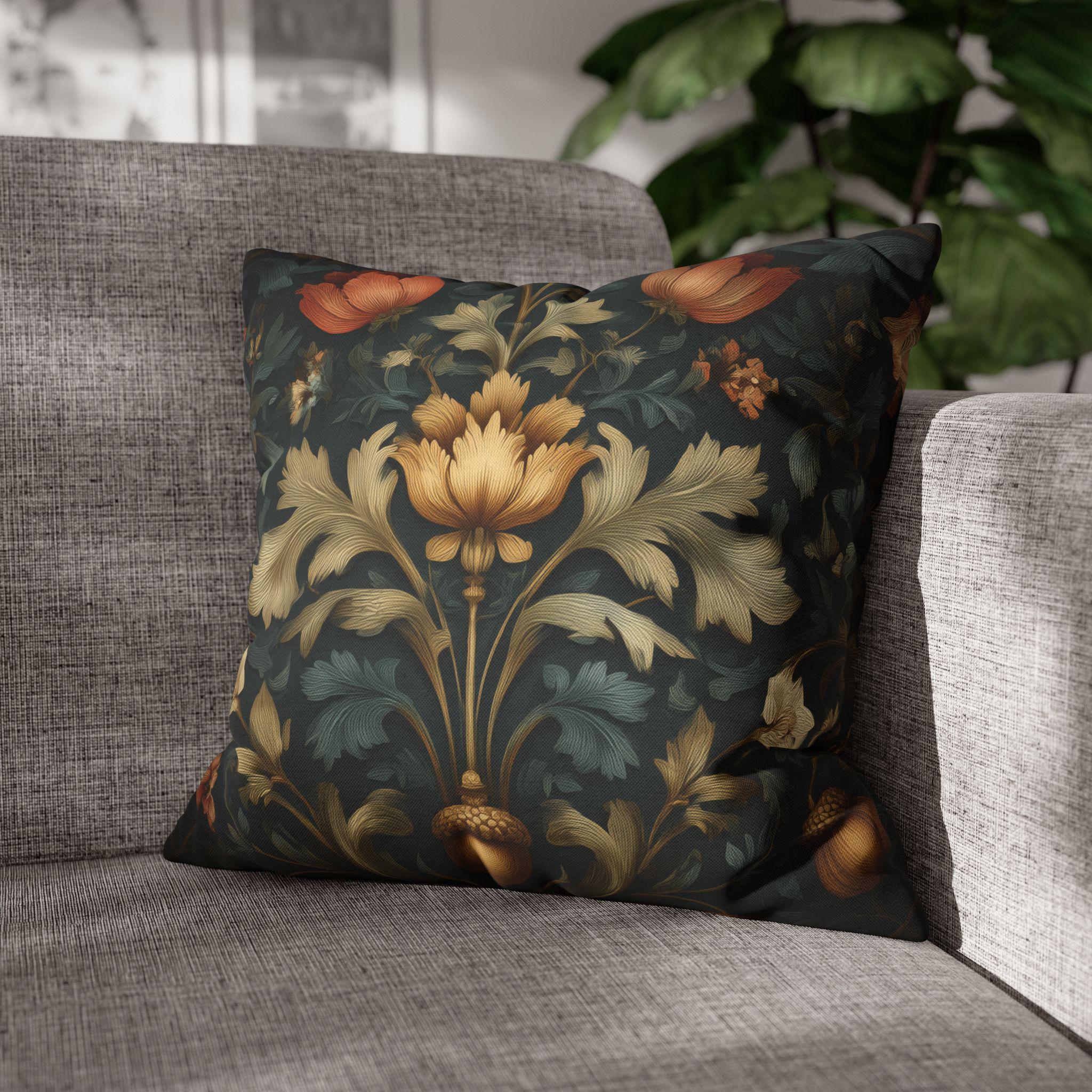 William Morris Inspired Fall Pillow Cover: Dark Teal Gold Rust Floral