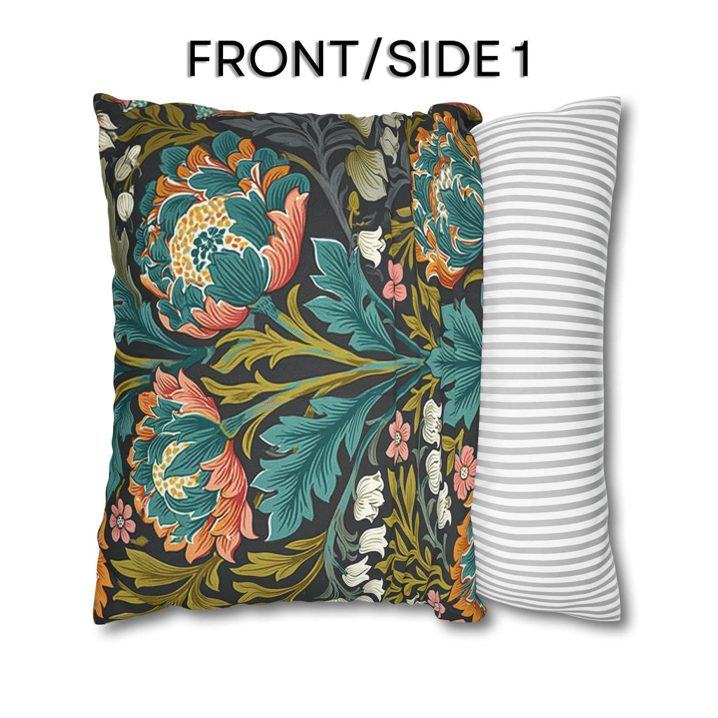 William Morris Style Throw Pillow Cover: Moody Teal Coral Botanical