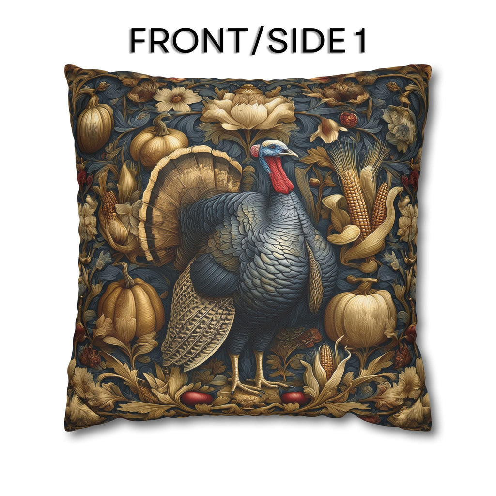 William Morris Autumn Pillow Cover: Botanical Thanksgiving Turkey Decor, Grey-Blue and Gold