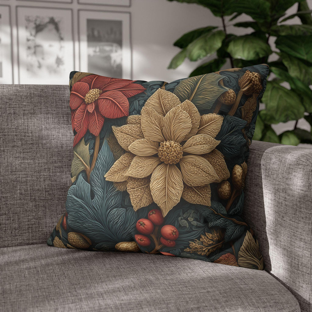 William Morris Christmas Pillow Cover: Wine and Taupe Poinsettia Woodland Illustration Euro Sizes