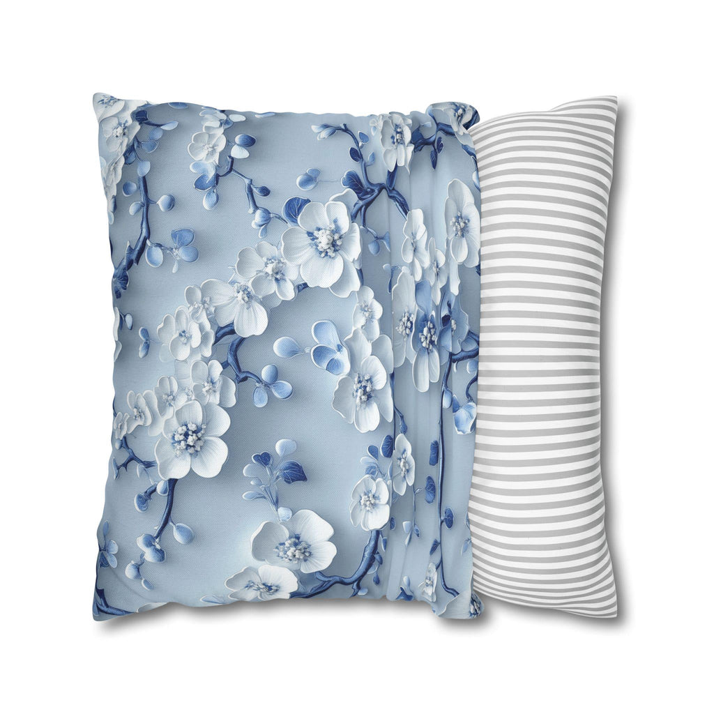 Elegant Blue & White Chinoiserie Cherry Blossom Pillow Cover | Asian-Inspired Floral Home Decor