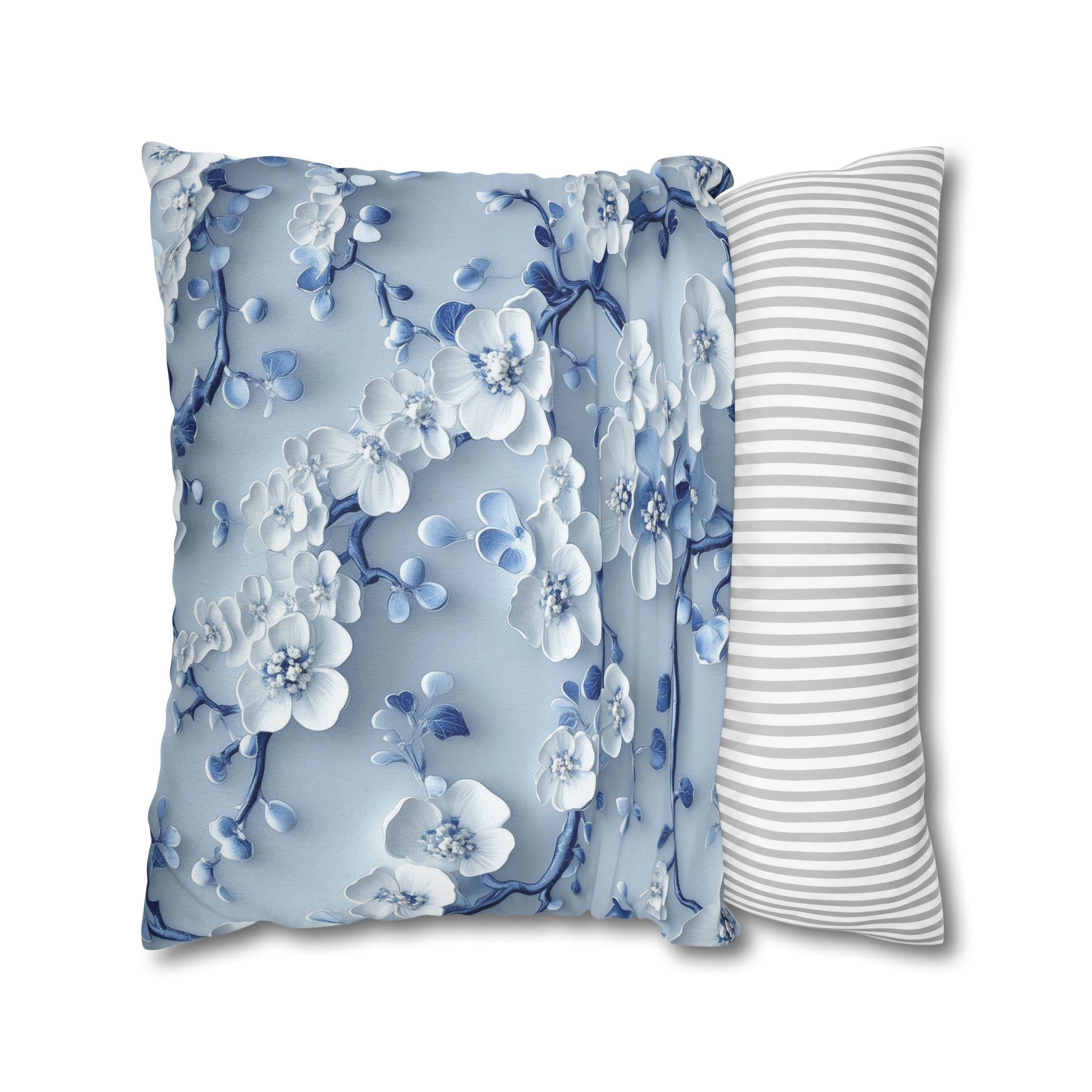 Elegant Blue & White Chinoiserie Cherry Blossom Pillow Cover | Asian-Inspired Floral Home Decor