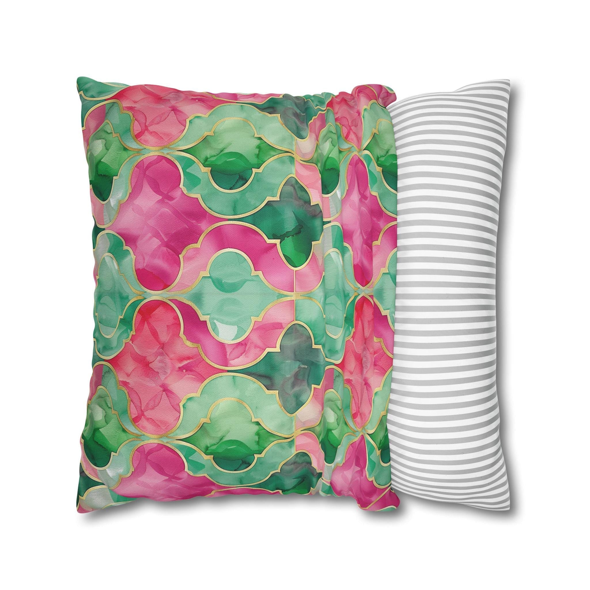 Moroccan Tile-Inspired Pillow Cover | Vibrant Pink & Green Watercolor Design | Elegant Home Decor