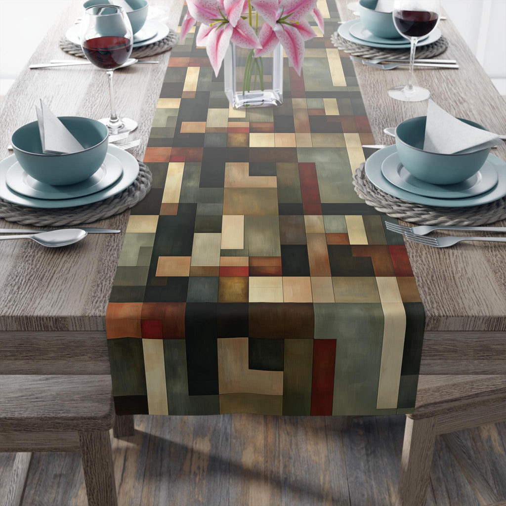 Geometric Abstract Table Runner: Earthy Muted Tones, Modern Rustic Decor, Hand-painted Effect