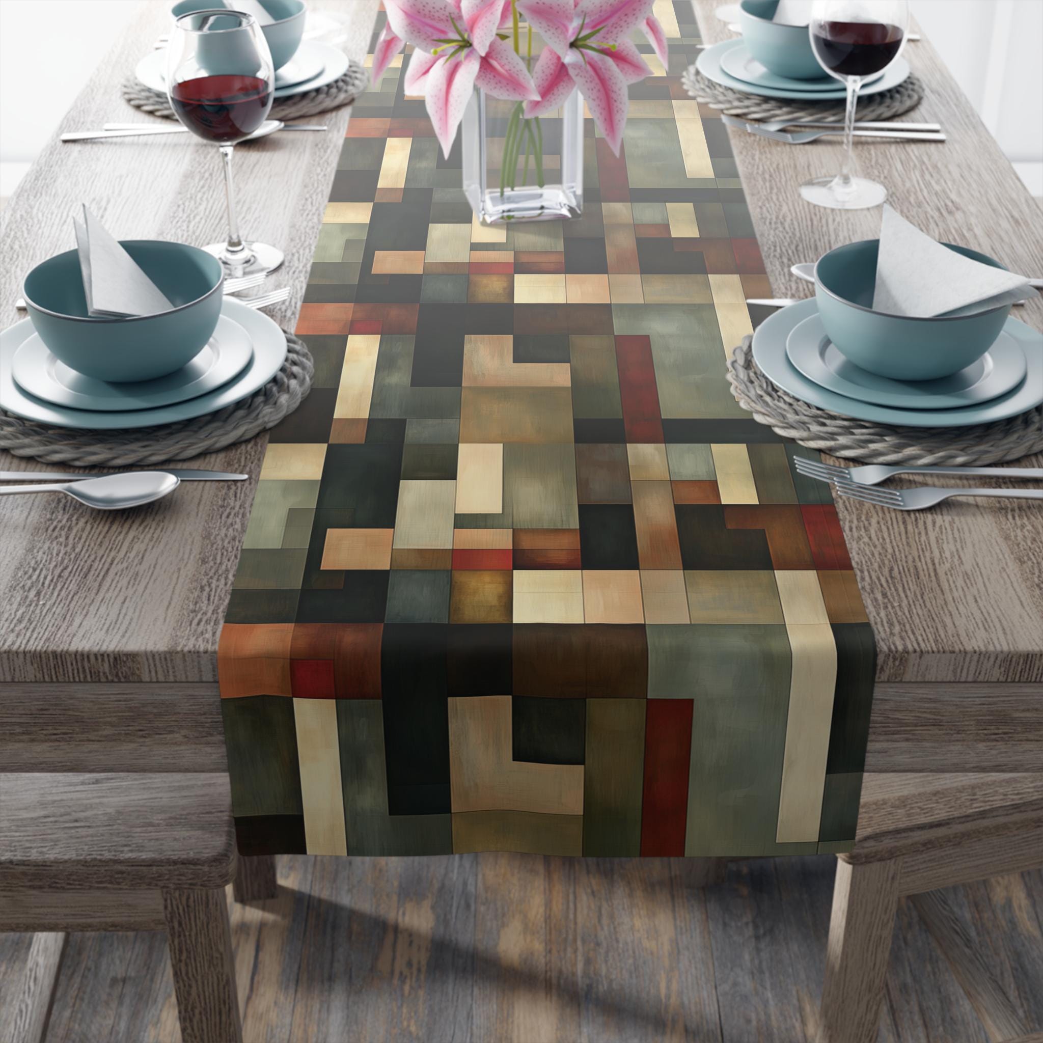 Geometric Abstract Table Runner: Earthy Muted Tones, Modern Rustic Decor, Hand-painted Effect