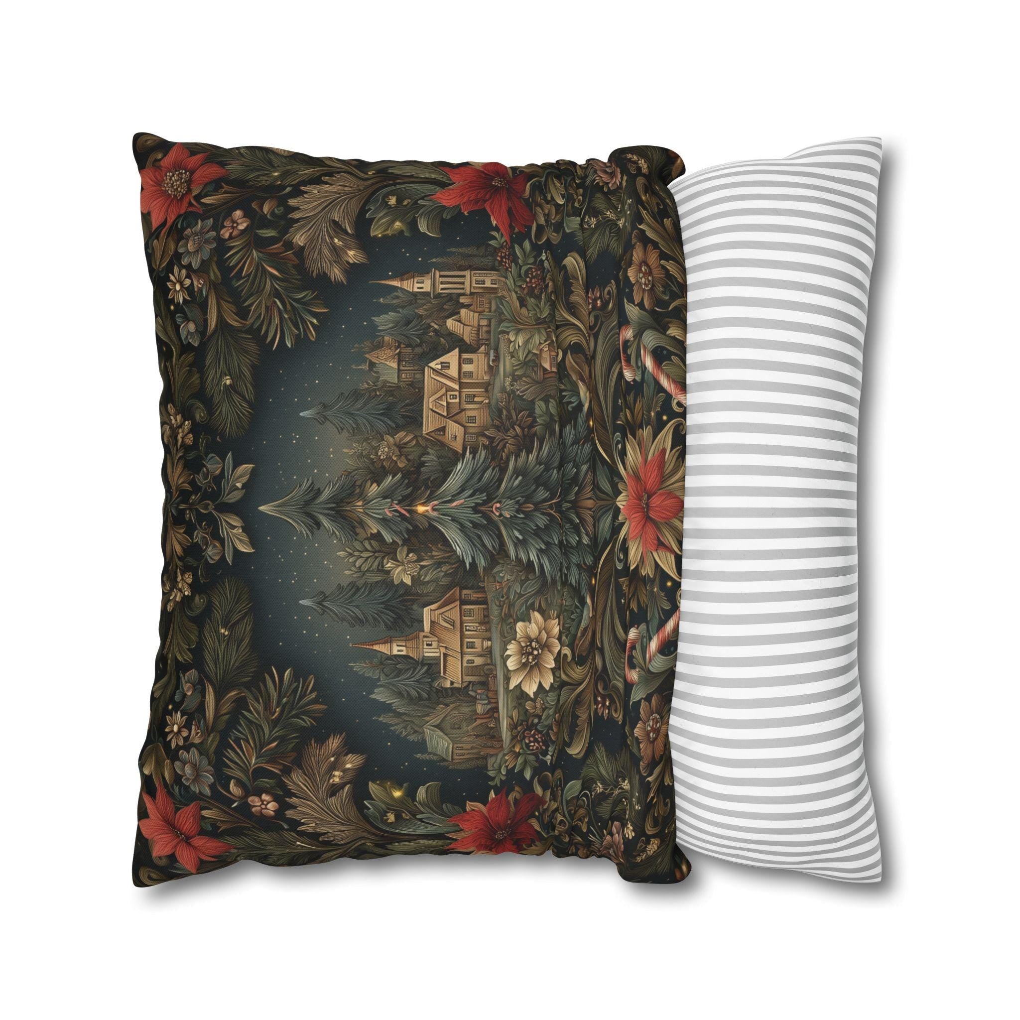 Storybook Village Christmas Pillow Cover: William Morris Style, Pine Green and Crimson Florals