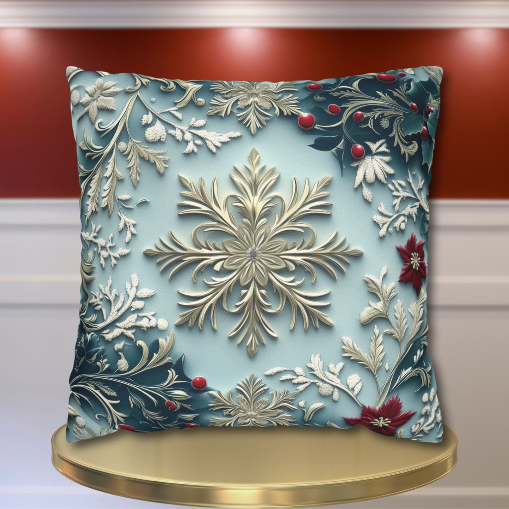 Blue Christmas Pillow Cover Elegant Chinoiserie Inspired Snowflake and Holly Design Light Blue Background