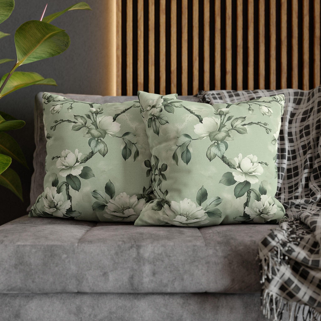 White Magnolia Pillow Cover: Soft Mint Green Floral Cushion