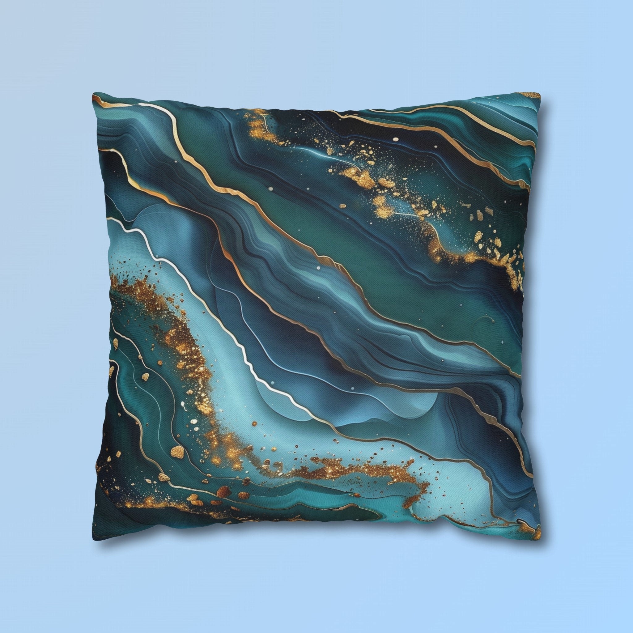 Teal Ocean Waves Pillow Cover: Blue & Gold Accent Cushion