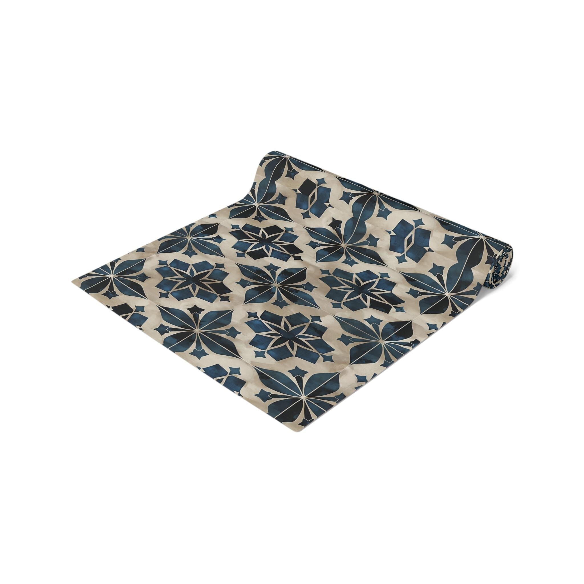 Moroccan Tile-Inspired Table Runner Geometric Pattern, Navy Blue Beige