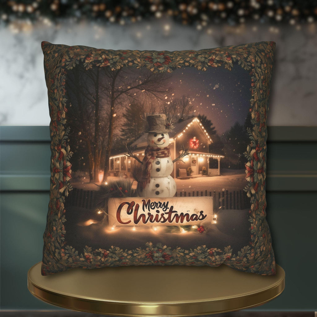 Country Farmhouse Christmas Snowman Pillow Cover with Intricate Botanicals and Vines Border