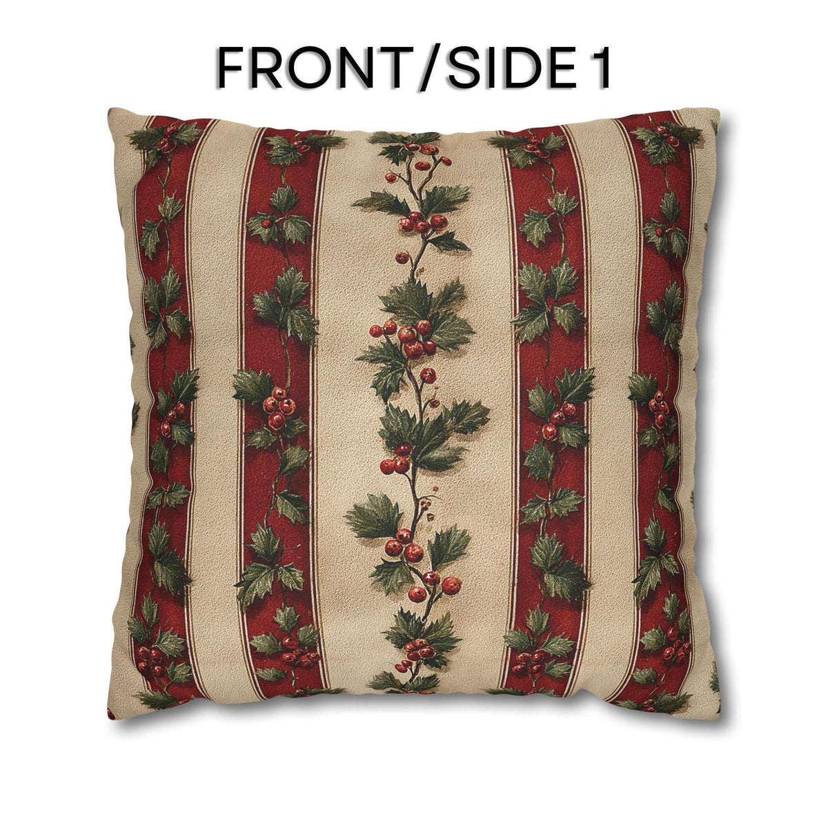 Striped Holly Christmas Pillow Cover: Red, Green, Cream Holiday Botanical Winter Decor