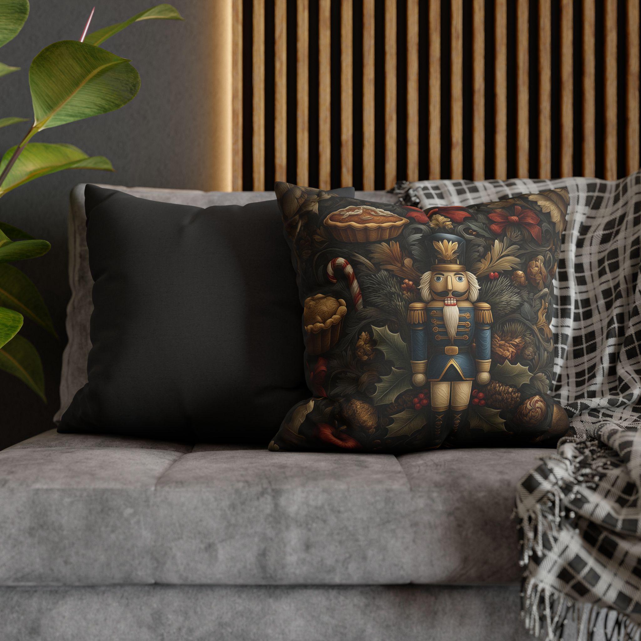 William Morris Nutcracker Pillow Cover: Woodland Holly & Pinecone Holiday Design