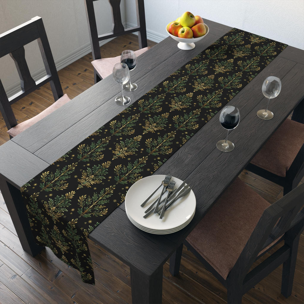 William Morris Christmas Tree Luxury Table Runner, Green & Gold on Black Elegant Christmas Holiday and Winter Decor