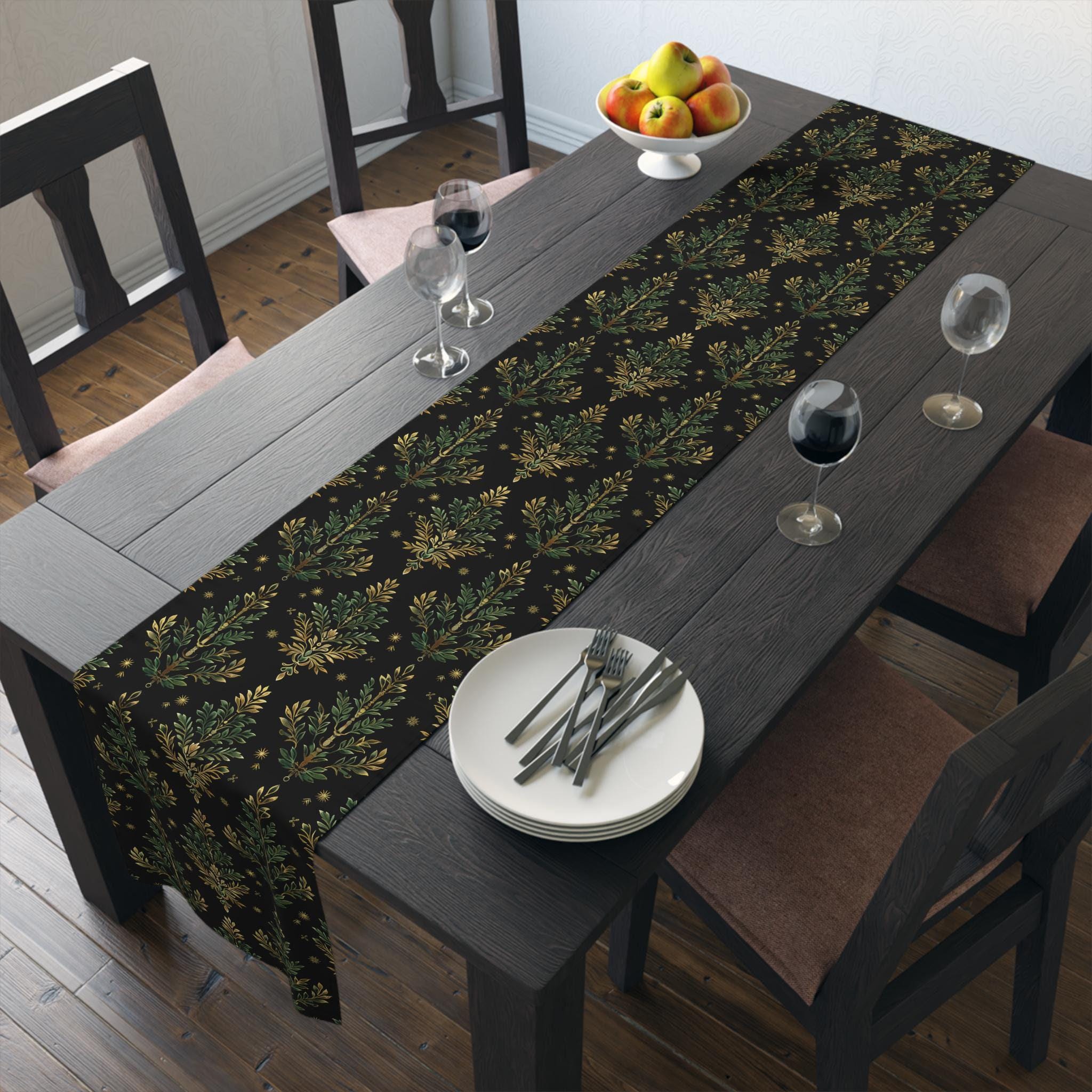 William Morris Christmas Tree Luxury Table Runner, Green & Gold on Black Elegant Christmas Holiday and Winter Decor