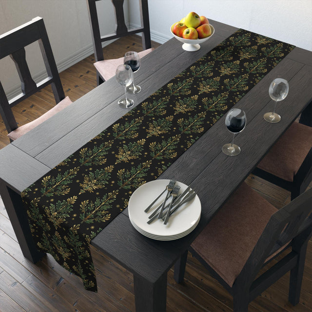 William Morris Christmas Tree Luxury Table Runner, Green & Gold on Black Elegant Christmas Holiday and Winter Decor