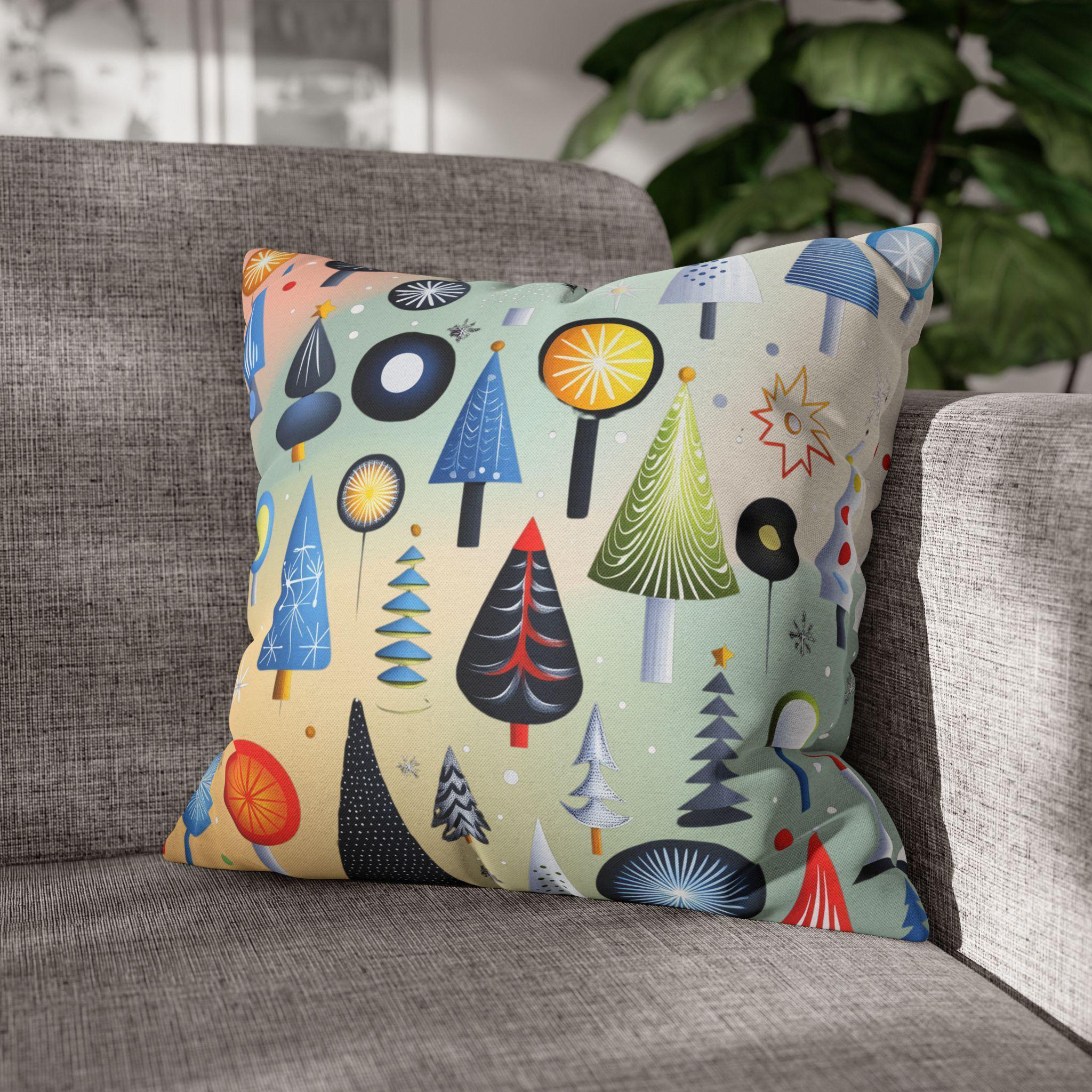 Modern Retro Christmas Trees Pillowcase, Festive Mid-Century Modern Nostalgic Xmas Pillow Cover